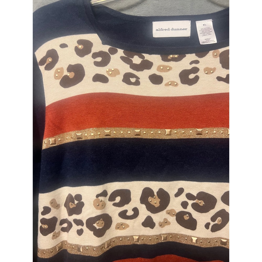 Alfred Dunner XL Leopard Stripe Embellished Knit Sweater Top 3/4 Sleeve NWT - Picture 2 of 7